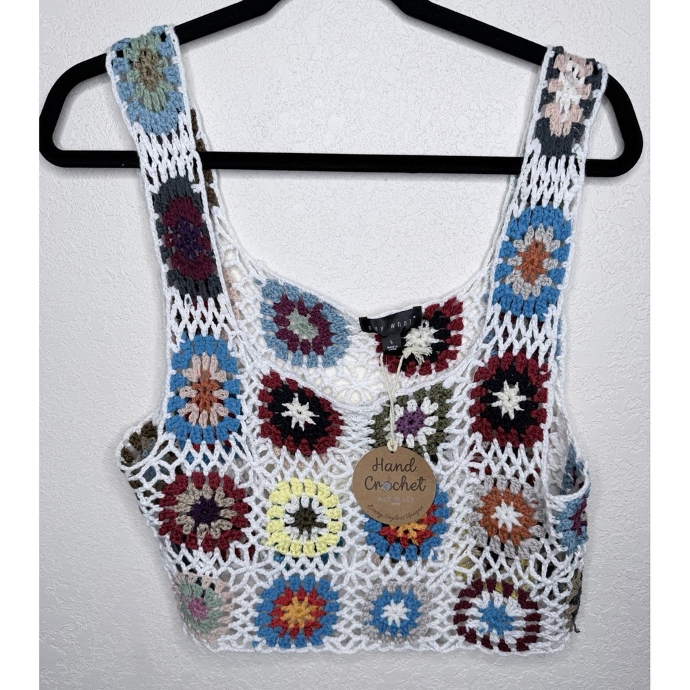 Hand Made Top Womens L Floral Granny Square Crochet Crop Hippie Festival NWT - Picture 2 of 12